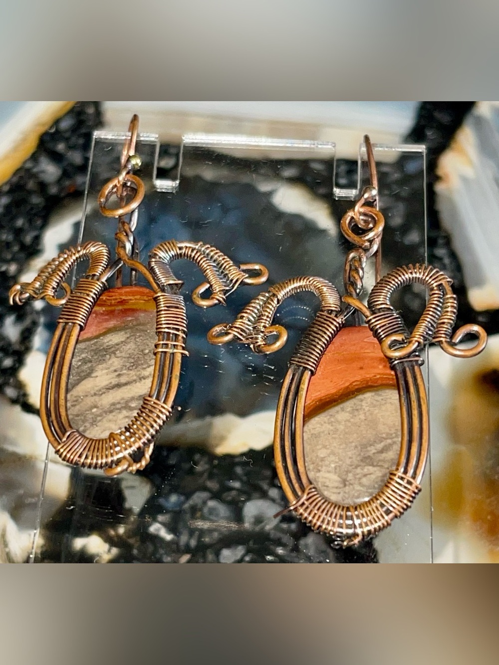Copper Wire-wrapped Polychrome Desert Jasper Crystal Earrings 2 1/2”